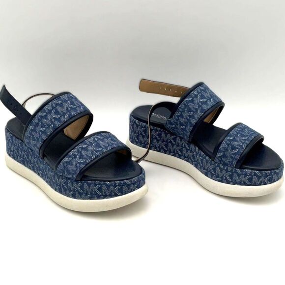 MICHAEL Michael Kors Presley Navy Blue Monogram Wedge Sandals size 6 - Picture 1 of 6